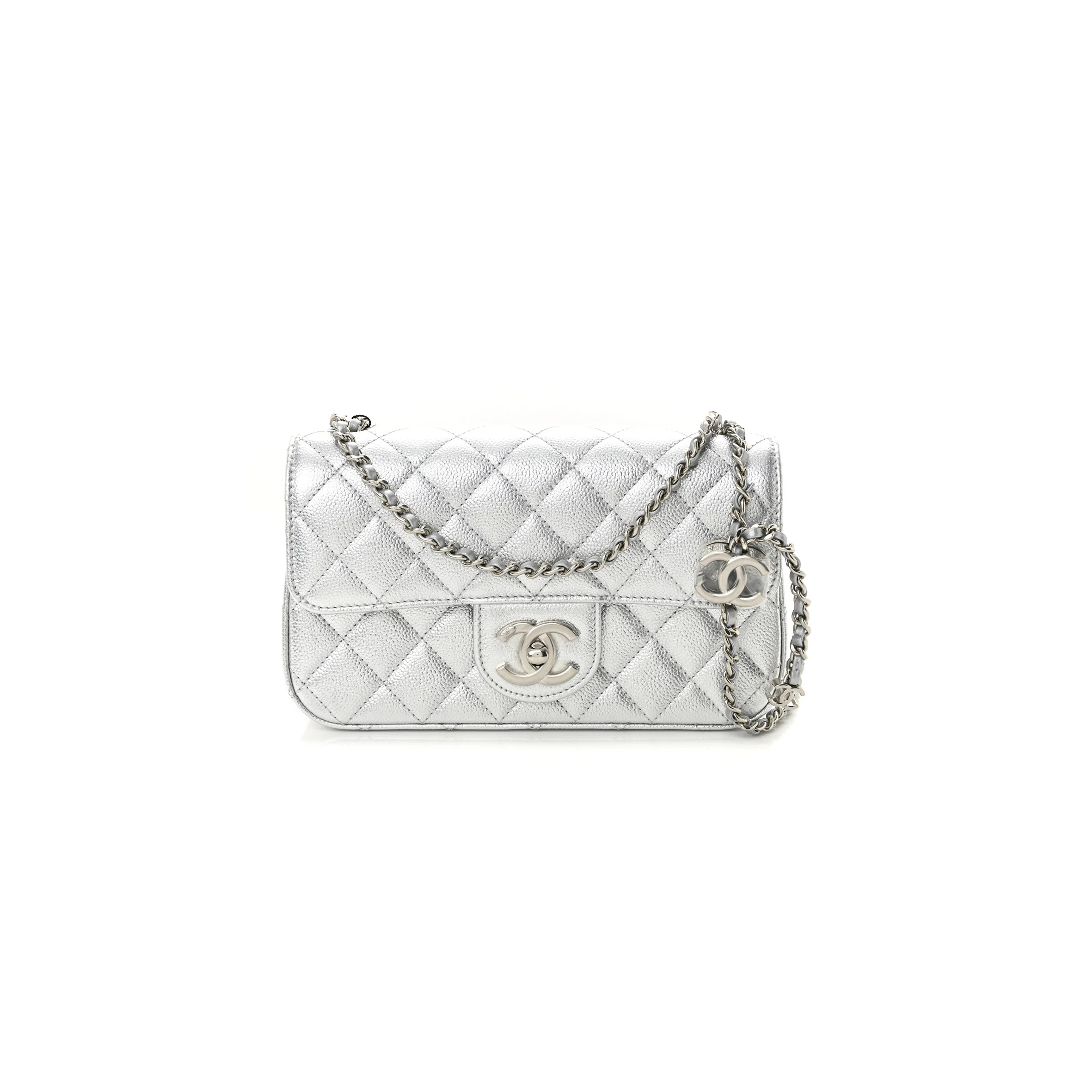CHANEL METALLIC CAVIAR QUILTED MINI RECTANGULAR CC SLIDE FLAP SILVER AS5759 (20*13*7cm)
